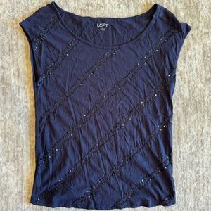 LOFT short sleeve navy blue shirt - scoop neck, sequin, size XS, loose fit